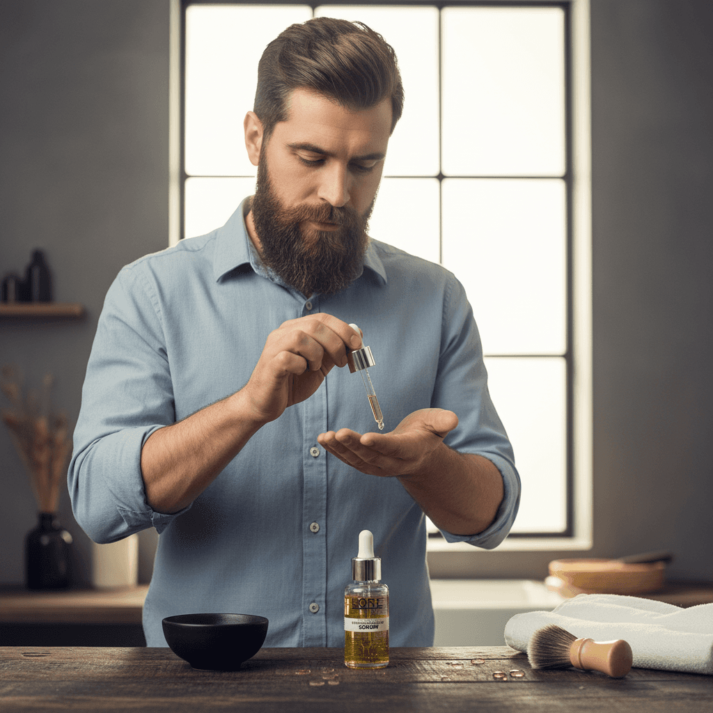 Alalore sakal serumu kullanan sakallı adam eline serum damlatıyor