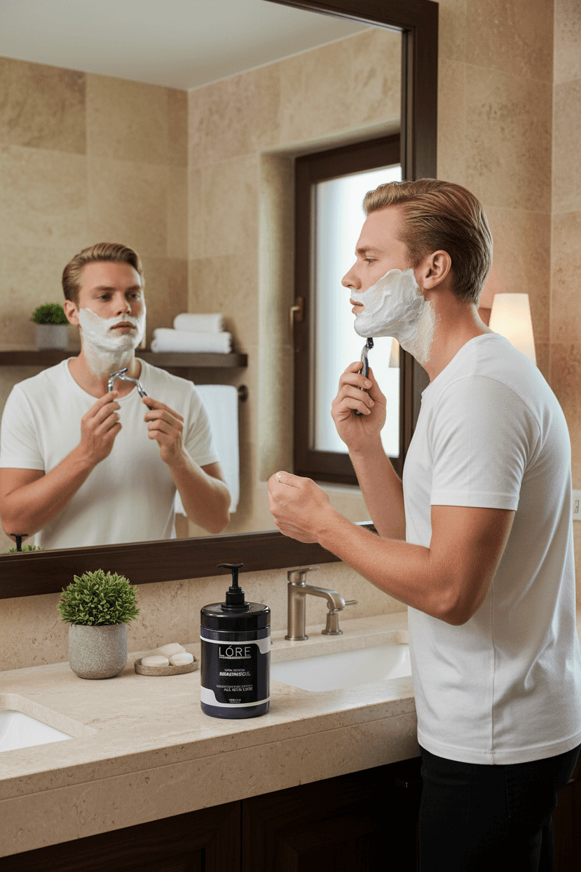 Alalore markalı tıraş jeli ile banyo aynasında traş olan beyaz tişörtlü adam