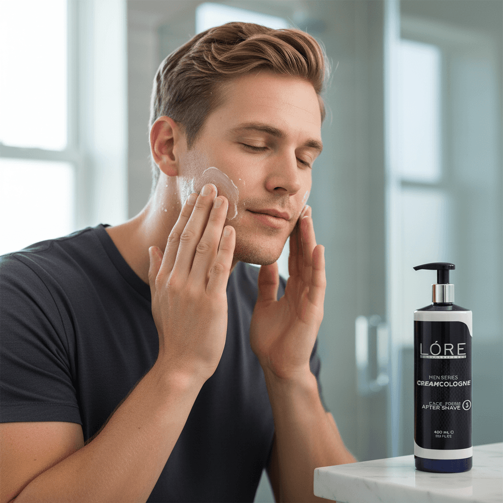 Alalore tıraş sonrası krem kolonya kullanan erkek, yüzüne krem uyguluyor