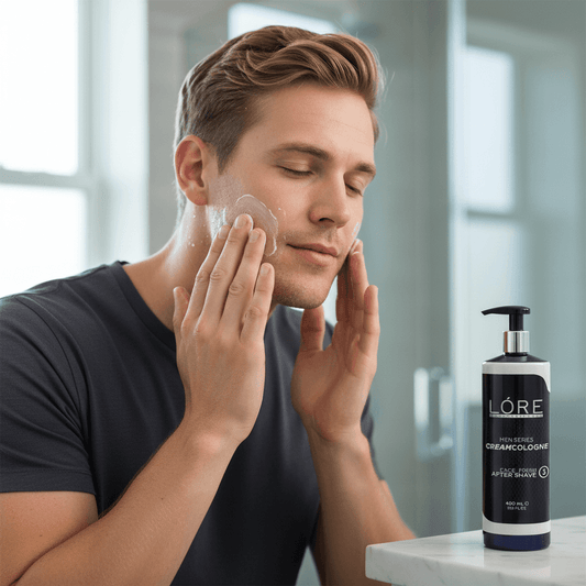 Alalore tıraş sonrası krem kolonya kullanan erkek, yüzüne krem uyguluyor