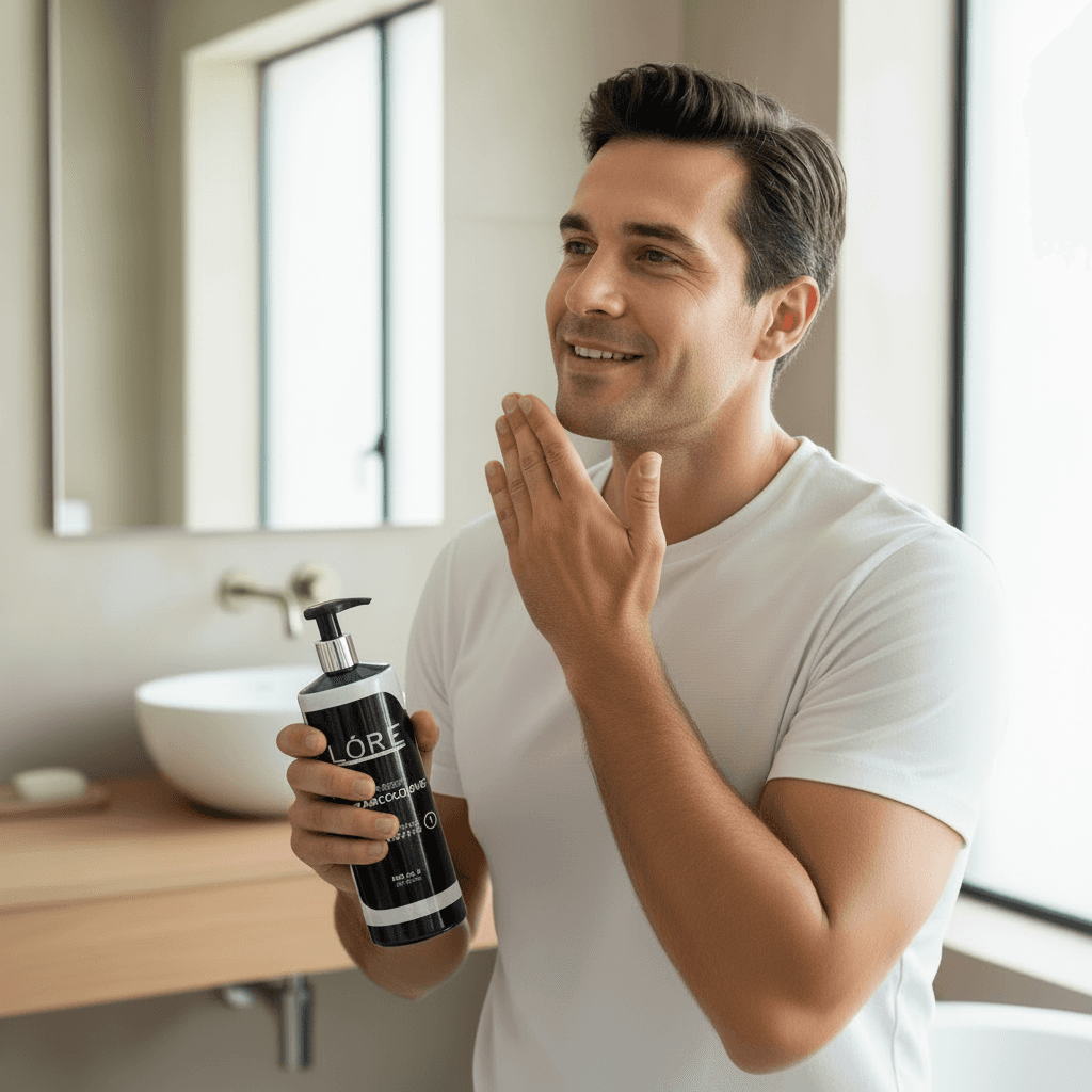 Alalore tıraş sonrası krem kolonyası uygulayan beyaz tişörtlü mutlu erkek