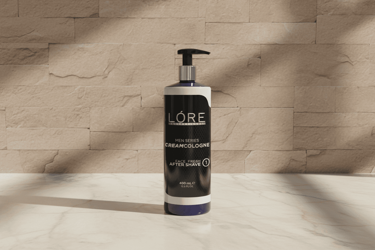 Alalore marka tıraş sonrası krem kolonyası siyah beyaz şişede beyaz mermer zemin üzerinde