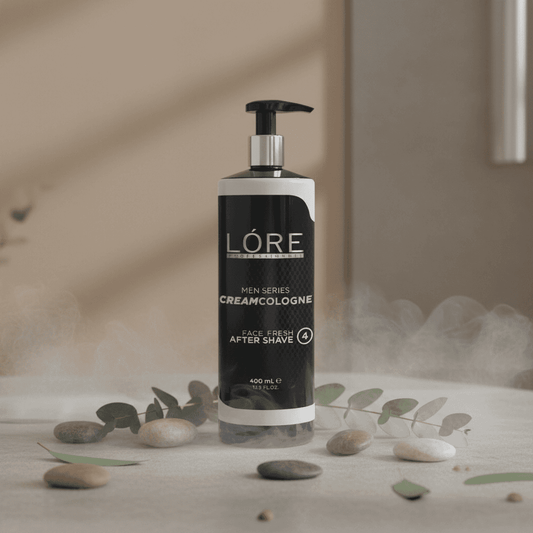 Alalore Lóre men serisi krem tıraş sonrası nemlendirici krem kolonya şişesi doğal taşlar ve yapraklar üzerinde