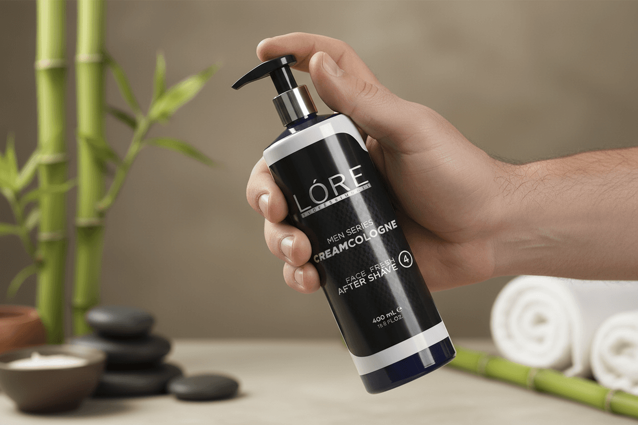Alalore marka tıraş sonrası nemlendirici krem kolonya siyah pompalı şişede doğal bambu arka planda