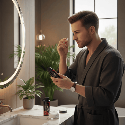 Alalore markalı toz wax ürünü ile banyo aynası önünde saç bakım yapan erkek