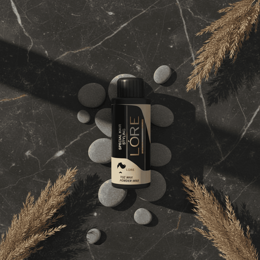 Alalore markalı toz wax ürününün siyah ve krem renkli şişesi taşlar ve doğal bitkilerle dekoratif siyah zeminde