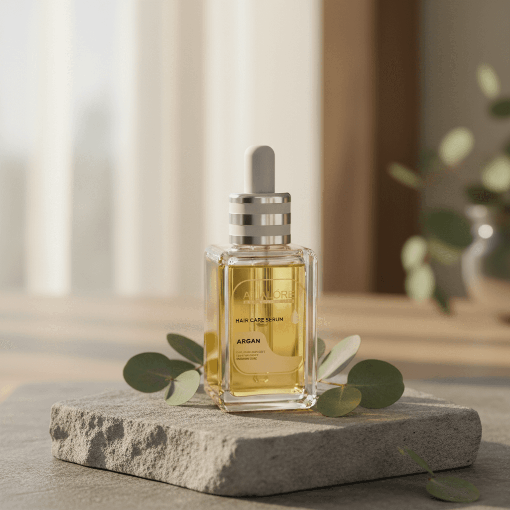 Alalore markasına ait doğal içerikli saç bakım serumu argan yağı ile besleyici etkili şişede