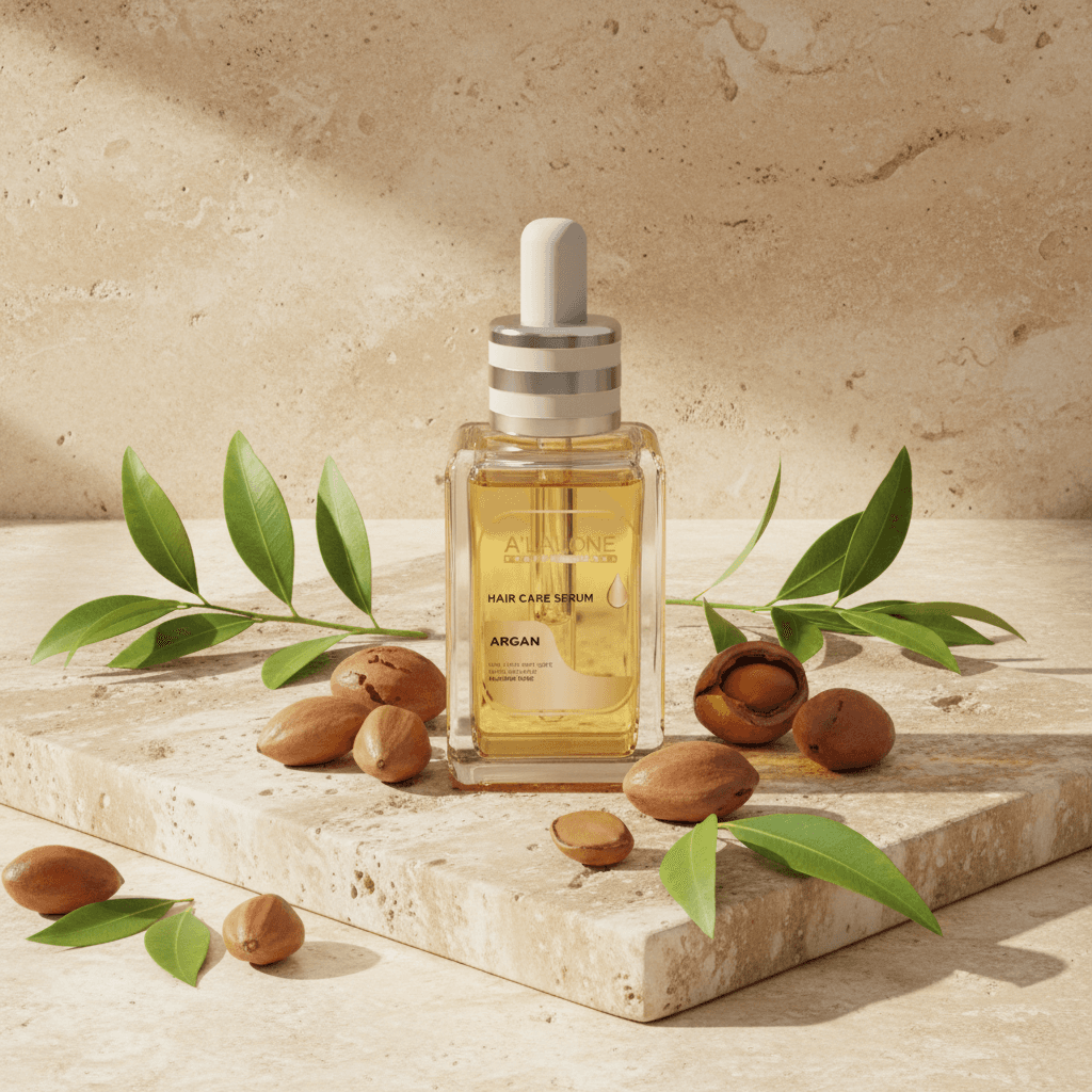 Alalore saç bakım serumu argan içeren şeffaf damlalıklı cam şişe doğal taş yüzeyde